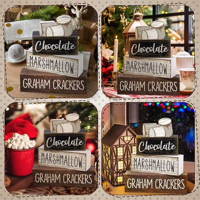 Moucuny 4 Pcs Christmas Table Decoration Wooden Marshmallow Chocolate Christmas Tiered Tray Decor Xmas Centerpiece Decorative Hot Cocoa Marshmallow Block Signs Gift Winter Decoration for Home Kitchen