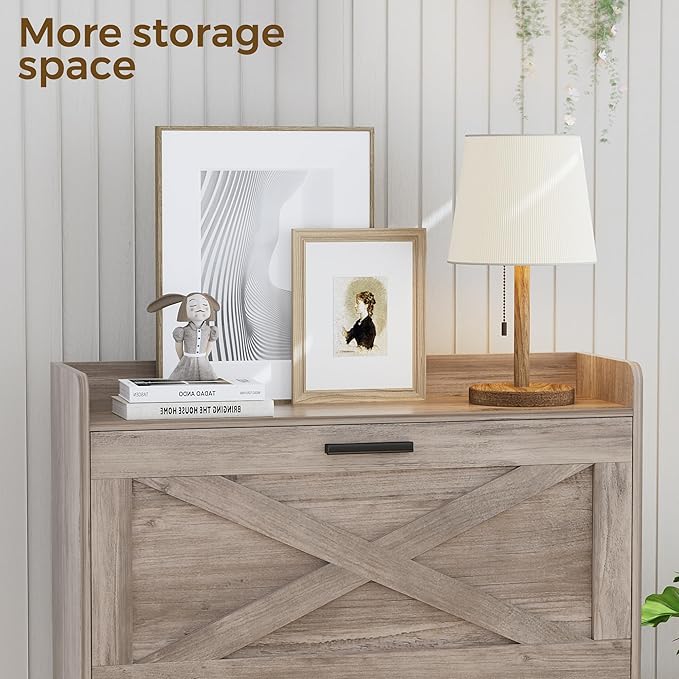 32" W Farmhouse Shoe Storage Cabinet with 2 Flip Drawers and Barn Door Design, Adjustable Shelves, Modern Hidden Slim Narrow Shoe Rack Cabinet for Entryway, Foyer, Hallway, Living Room, Greige
