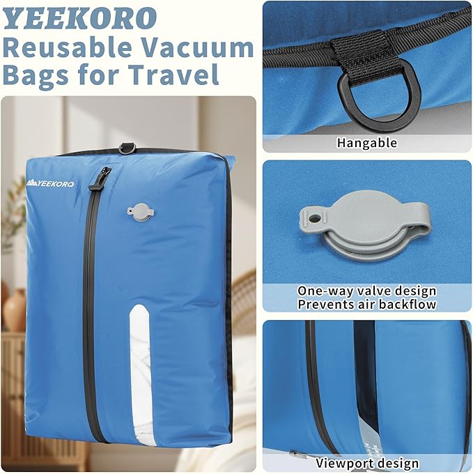 Vacuum Bag for Travel, Professional IPX8 Waterproof Reusable Vacuum Compression Bags for Travel Suitcases, Durable Space Saver Bag(2 PACK,With Pump)