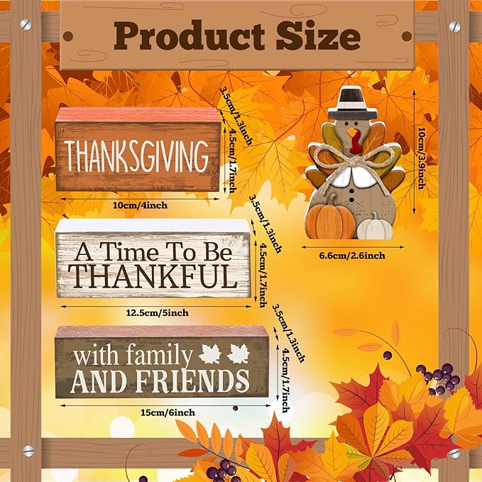 Lineshading 4 Pcs Fall Decoration for Home Wooden Turkey Decor "A Time to Be Thankful" Table Sign with Turkey & Pumpkin Topper, Thanksgiving Centerpiece Rustic Fall Tiered Tray Decor for Home Kitchen