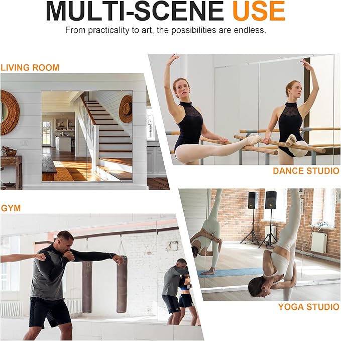 Delma Home Gym Mirror,48''x24''x2PCS Silver,Large Full Body Tempered Glass Frameless, Wall-Mounted for Gym, Yoga, Garage, Bedroom, Bathroom
