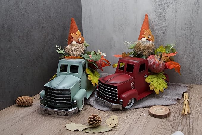 Vintage Turquoise Metal Truck with Gnomes Pumpkin Maple Leaf Farmhouse Table Top Fall Decor, Autumn Themed Thanksgiving Old Pickup Truck Decorations for Home Table Shelf, 12 inch