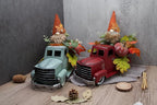 Vintage Turquoise Metal Truck with Gnomes Pumpkin Maple Leaf Farmhouse Table Top Fall Decor, Autumn Themed Thanksgiving Old Pickup Truck Decorations for Home Table Shelf, 12 inch