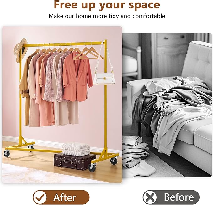 Hoctieon Z Rack, Rolling Clothes Racks with Z-Base, Heavy Duty Garment Rack, Clothing Racks for Hanging Clothes, Sturdy Metal Hanging Holder, Clothes Organizer Rack, Gold