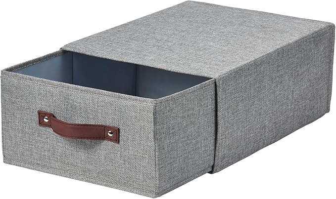 Closet Drawer Organizer Stackable Fabric Storage Boxes Bins Baskets with Lid PU Leather Handles Foldable Washable Cotton Linen Wardrobe Shelf Clothes Towels Container (Gray, Large)
