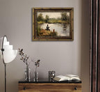 Vintage Gold Framed Wall Art Boy Fishing Country Oil Painting Canvas Prints Peaceful Lake Landscape with Dog Picture Rustic Farmhouse Poster Artwork for Nursery Living Room Bedroom, 9x11in