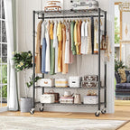 Simple Trending Heavy Duty Clothing Rack 3 Tiers Adjustable Wire Shelving Clothes Rack with Double Rods and Side Hooks, Freestanding Wardrobe Storage Rack Metal Garment Rack, Black