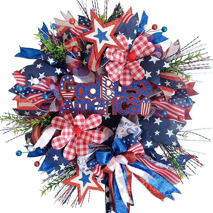 TEMPUS 20“ God Bless America 4th of July Patriotic Mesh Deco Wreath for Front Door, Memorial Day Red, White and Blue Ribbon Wreath for Indoor and Outdoor, Home Holiday Decor Summer Party Decor
