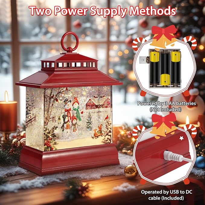 Christmas Snow Globe Lantern Water Glittering Lantern with 8 Songs & 6H Timer Romote Control Christmas Snow Globes USB & Battery Operated for Christmas Festival Decorations Gifts (Snowman Family)