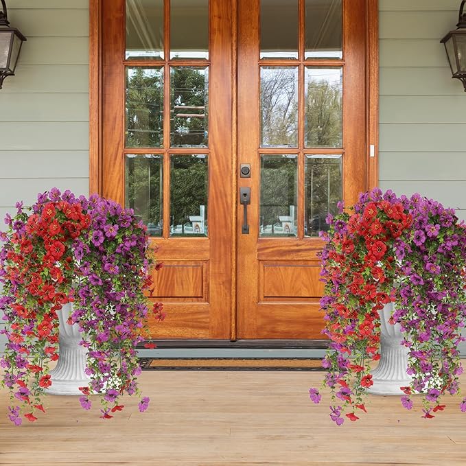 Artificial Hanging Flowers for Outdoors, 8 Pcs Fake Plant for Spring Summer Decoration, UV Resistant Realistic Silk Faux Flowers Outside Indoor Planter Porch Patio Balcony Yard Decor