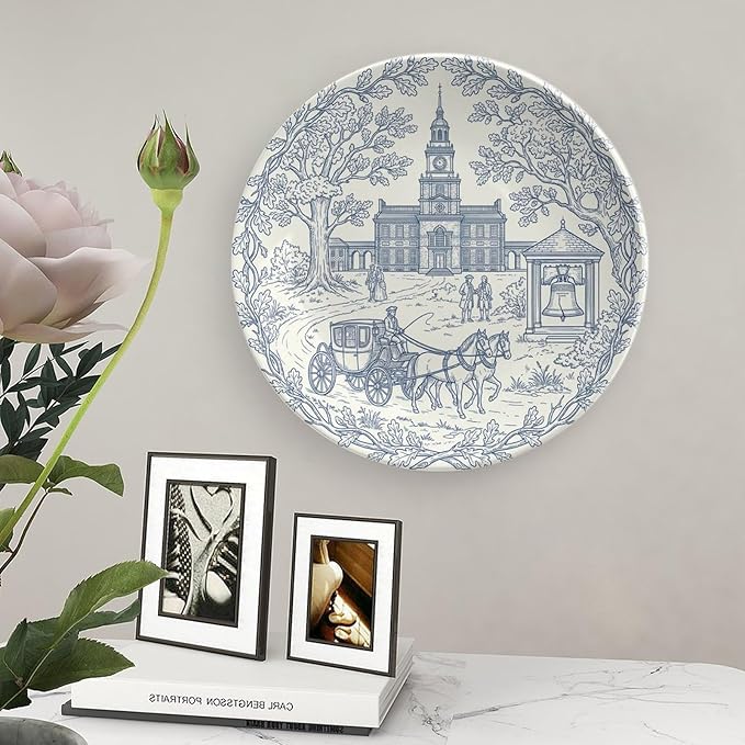 250th Anniversary Decorative Plates 8 Inch Patriotic Decorations Commemorative Plates with Stand Semiquincentennial 4th of July Veterans Day Home & Office Colonial Toile Design