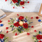 8 PCS Mini Patriotic American Cabinet Wreaths Small Red White and Blue Floral Wreath for Front Door with Ribbon Roses Daisy Forsythia July Independence Day Hanging Wreath for Porch Wall Window Decor