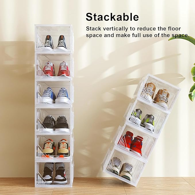 AWTATOS Shoe Boxes with Magnetic Door, Stackable Shoe Storage Organizer with Lids, Folding Shoe Rack for High Heels, Thickened Sneaker Storage Container, 10 Pack, Clear