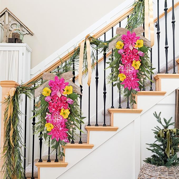 2 Pcs Pink Teardrop Swag Wreaths for Front Door 23.6" Hydrangea Floral Swag Wreath with Dahlia Tulip Summer Spring Swags for Front Door Porch Wall Window Farmhouse Decorations