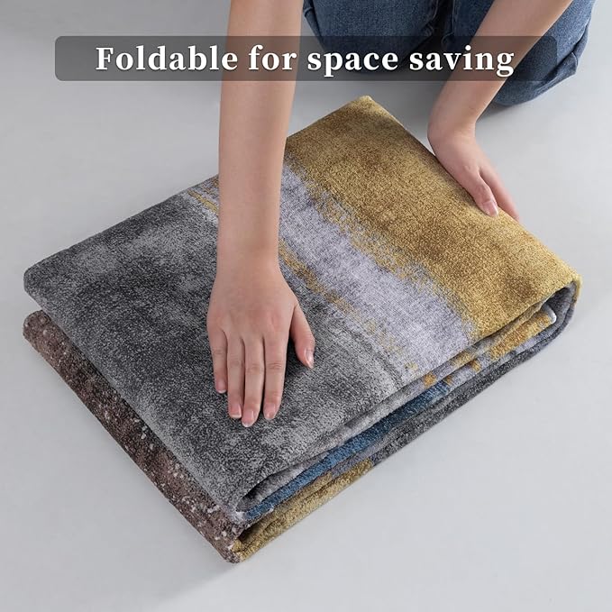 Ciicool 4ft Round Washable Rug, Modern Abstract Circle Rugs, Non-Slip Thin Lightweight Rug Yellow Grey Circular Print Distressed Carpet for Bedroom Living Room Under Dining Table Home Office Decor
