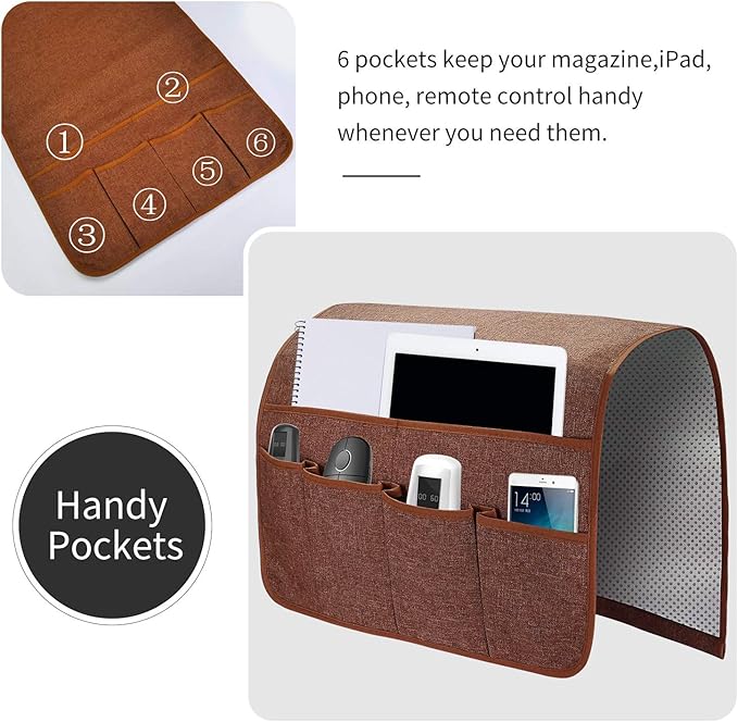 Sofa Armrest Organizer, Remote Control Holder for Recliner Couch, Arm Chair Caddy with 6 Pockets for Magazine, Tablet, Phone, iPad