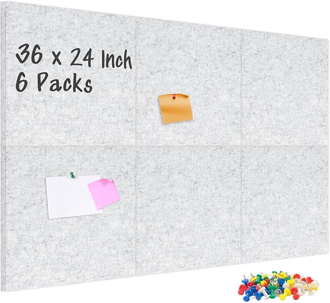 DOLLAR BOSS Felt Cork Board Tiles, 6 Packs 12" x 12" 1/2" Thick Cork Bulletin Board Self Adhesive Corkboards for Walls with 60 Pushpins for Home Office Kitchen School Decor Display, Light Grey