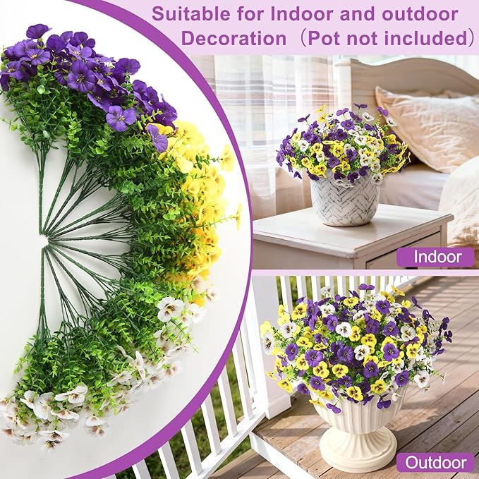 Artificial Fake Pansy Flowers for Outdoors, 12 Pcs Faux Silk Pansies Flower for Spring Summer Decoration, UV Resistant Fake Plants for Outside Planter Porch Yard Patio Home Decor(Purple Yellow White)