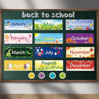 Zonon 48 Pieces Holiday Monthly Headliners Set 12 Months of The Year Headers Seasonal Monthly Bulletin Board Borders with 36 Round Blank Confetti Cutouts(Cute Style)