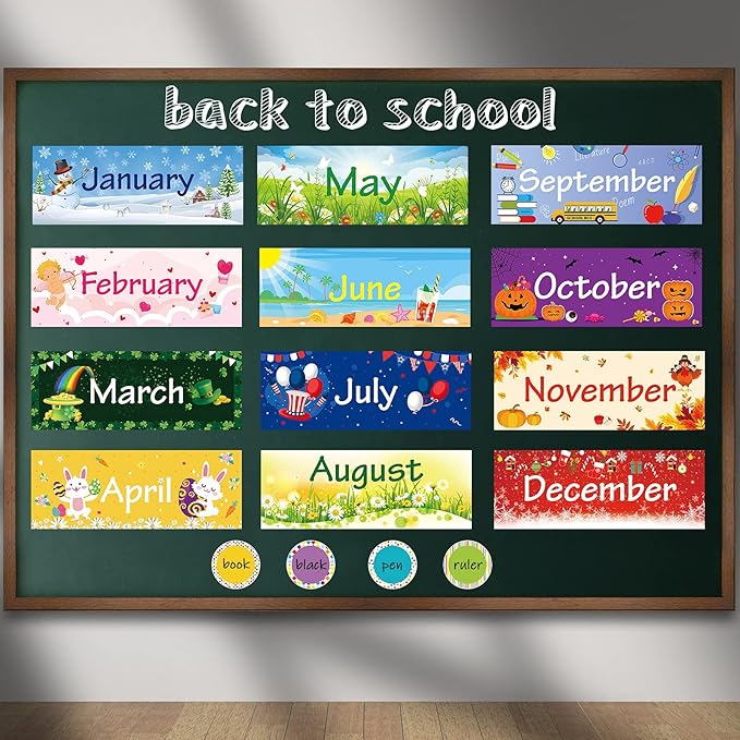 Zonon 48 Pieces Holiday Monthly Headliners Set 12 Months of The Year Headers Seasonal Monthly Bulletin Board Borders with 36 Round Blank Confetti Cutouts(Cute Style)
