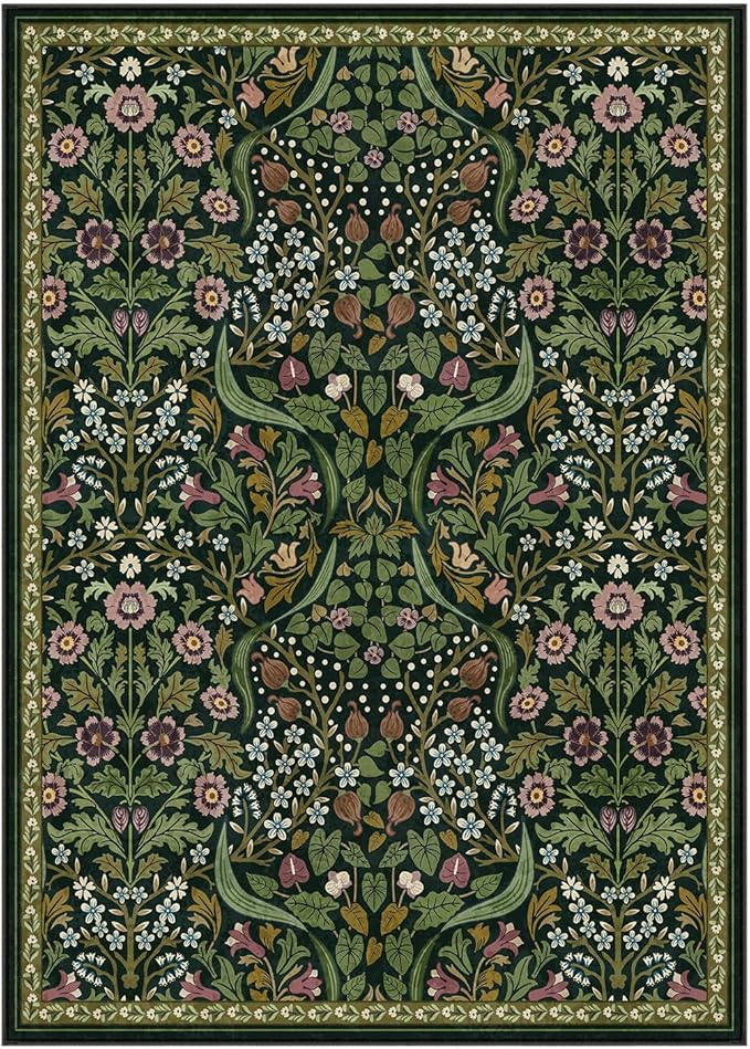 Moynesa Floral Washable 5x7 Rug, Green Area Rugs for Living Room, Non Slip Boho Dining Room Rug Under Table, Botanical Ultra Thin Floor Carpet for Bedroom Home Office, Green