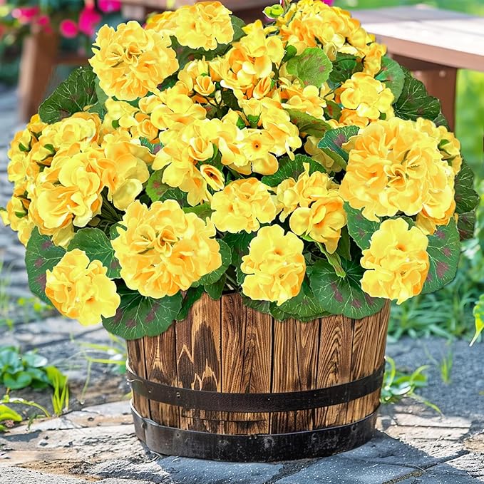 Artificial Geraniums Flowers for Outdoors Spring Decor, 4 Bundles UV Resistant Fake Geraniums Flowers Silk Faux Plants for Home Planter Gardens Table Patio Porch Indoor Cemetery Summer Decor(Yellow)