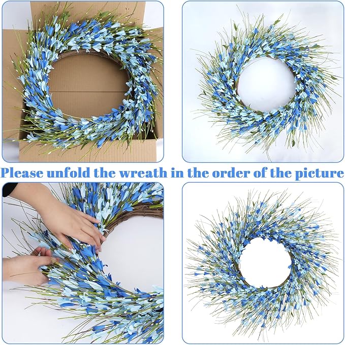 GTIDEA Summer Wreaths for Front Door, 24 Inch Blue Floral Wreath with Grapevine Base, Silk Forsythia Flowers Wreath for Everyday Farmhouse Door Decor Porch Wall Window Indoor Outdoor