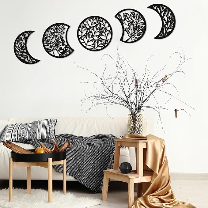 Jetec 5 Pcs Moon Phase Wall Art Decor Wall Pediments Hanging Wooden Phase Spiritual Bedroom Nordic Boho Lunar Aesthetic Art for Living Room Dorm Apartment Ornament(Dark Black,15.75 Inch,Botanical)