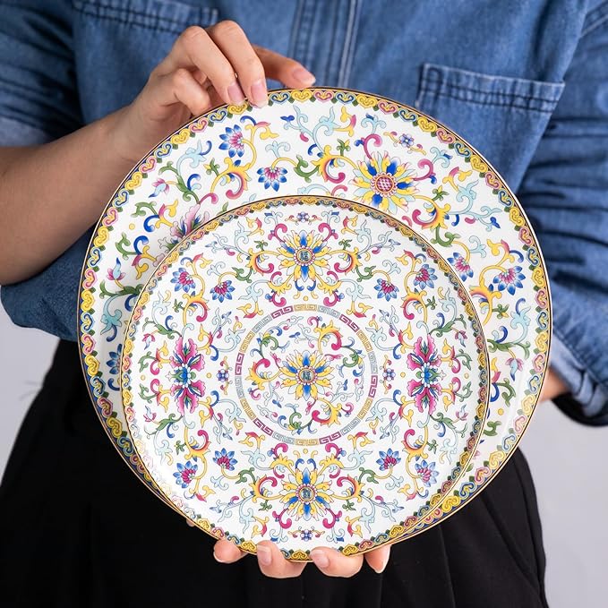 KAMMAK Decorative Plates Set for Display, White Ceramic Plate Decor with Stand, Handmade Vintage Porcelain Ornament for Table, Living Room, Kitchen, Office, Perfect Chinese Style Dish Gift (8in+10in)