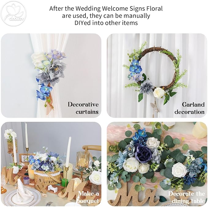 Odouzy Artificial Wedding Arch Flowers for Wedding Sign,Set of 2 for Welcome Ceremony Sign,Faux Floral Swags,Wedding, Banquet and Reception Backdrop Floral Decoration (Blue)