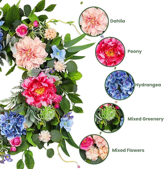 24 Inch Spring Wreaths for Front Door, Artificial Front Door Wreath with Daisy Peony Hydrangea Eucalyptus Green Leaves, Outside Floral Wreath for Home Porch, Home Decor for Indoor Outdoor Window Wall