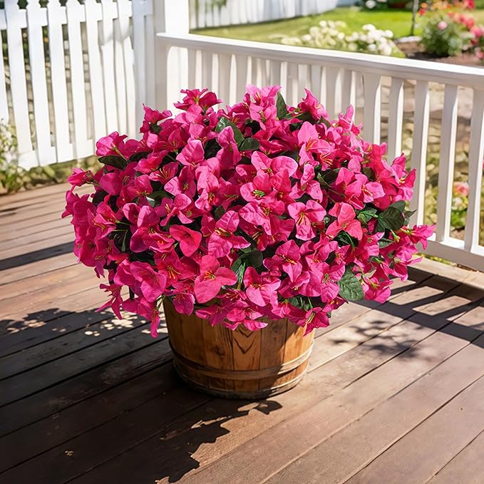 INSPRING Faux Bougainvillea Artificial Flowers for Outdoors Spring Outside Decor, 4 Bundles UV Resistant Realistic Fake Plants Silk Flowers for Porch Patio Window Outdoor Planter Garden Home, Hotpink