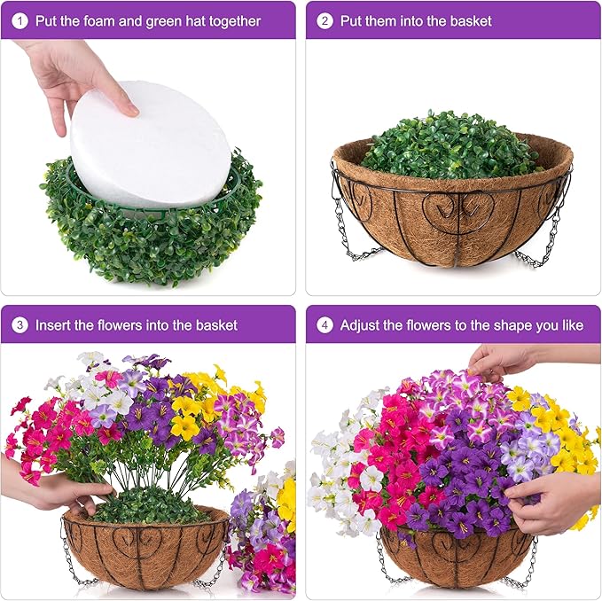INSPRING Artificial Outdoor Flowers Hanging Baskets Faux Plants Spring Decoration, UV Resistant Fake Silk Morning Glory in Planter Look Real Petunias for Outside Patio Porch Balcony Garden Home, 6Mix