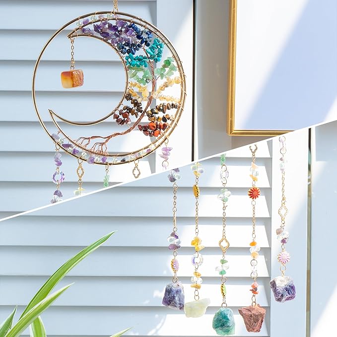 Crystal Dream Catchers Tree of Life Dream Catcher Wall Decor with Healing Crystal Stone & Fluorite Dream Catcher Crystals for Windows for Bedroom Home Decor Wedding Garden-Colorful
