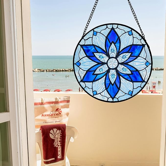 Stained Glass Window Hanging, Blue Tiffany Style Flowers Sun Catcher for Window Door Home Decor Suncatcher Christmas Mother's Day Birthday Gifts for Women Men Mom and Nana 9.8 in