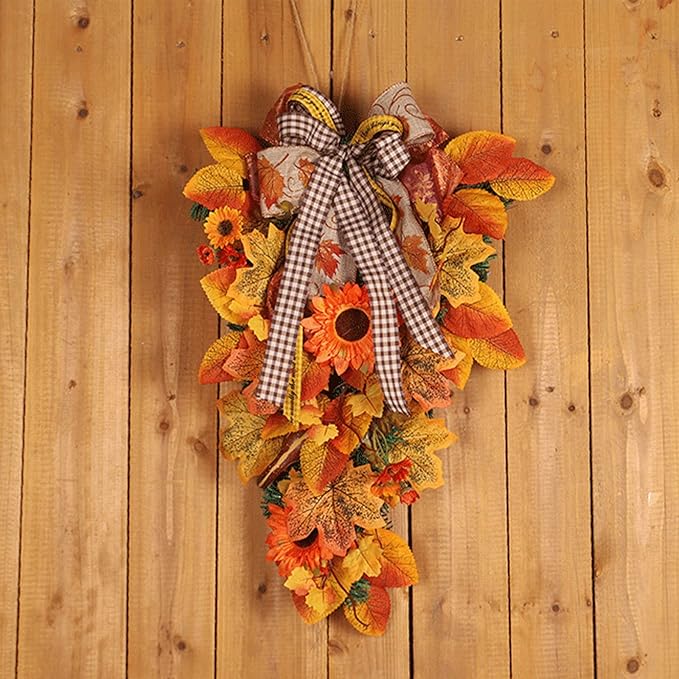 Harvest Teardrop Swag, 20inch Fall Teardrop Swag with Maple Leaves, Bow and Sunflowers, Autumn Decorative Swag Fall Floral Swag for Home Door Wall Decor(Without Light)