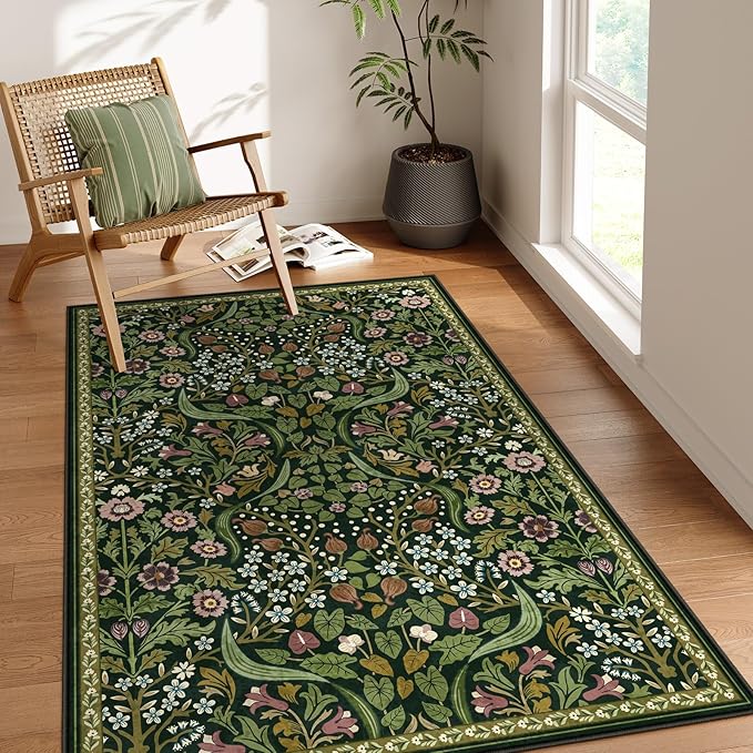 Moynesa Floral Green 4x6 Rug, Boho Washable Rugs for Living Room, Non Slip Soft Bedroom Area Rug, Botanical Ultra Thin Indoor Throw Carpet for Kitchen Entryway Bedside, Green
