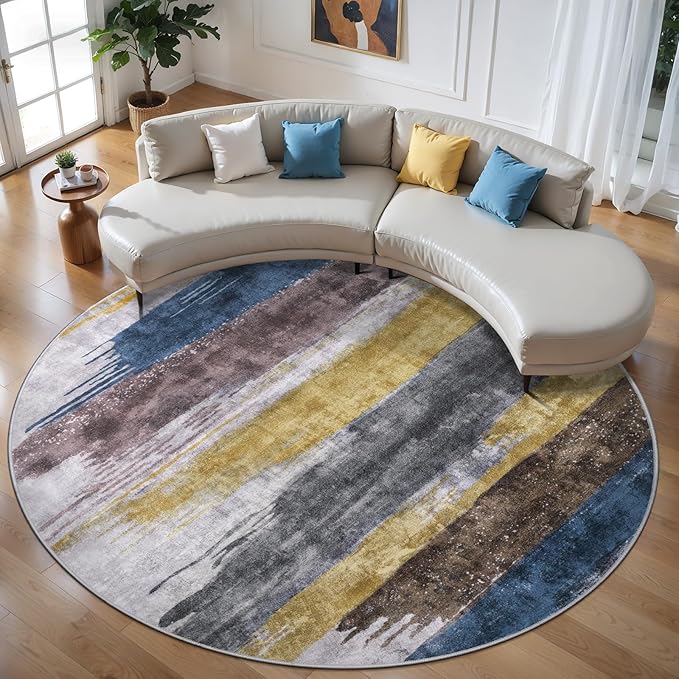 Ciicool 6ft Round Washable Rug, Modern Abstract Circle Rugs, Non-Slip Thin Lightweight Rug Yellow Brown Circular Print Distressed Carpet for Bedroom Living Room Under Dining Table Home Office Decor