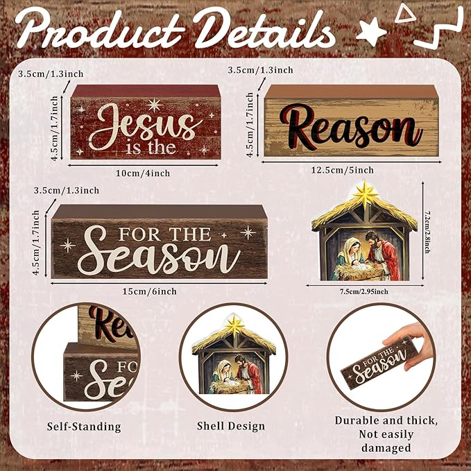 Moucuny 4 Pcs Christmas Table Decoration Christian Wooden Stacked Block, Jesus is the Reason for the Season Signs with Nativity Scene, Rustic Religious Christmas Tiered Tray Decor for Home Church