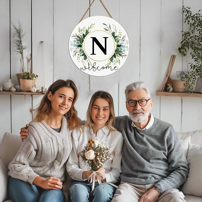 Monogram Letter N Wreaths for Front Door Wreath Wooden Welcome Sign for Front Door Decor Floral Family Last Name Initial House Warming Spring Summer Porch Rustic Wall Home Kitchen Boho Decorations
