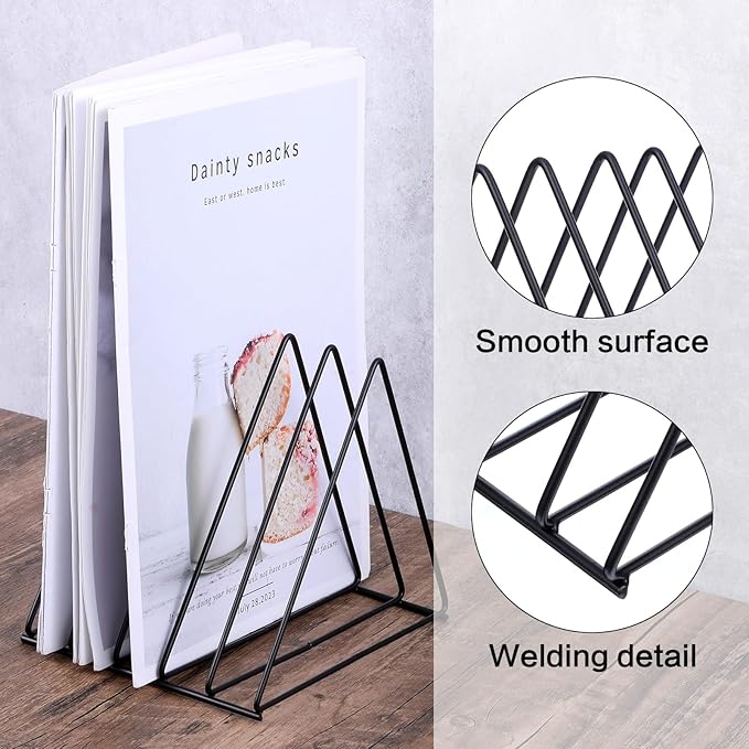 2 Pcs Triangle File Holder,5 Slot Metal Vinyl Record Stand Holder Black Magazine Newspaper Holder Photography Props for Office Hom