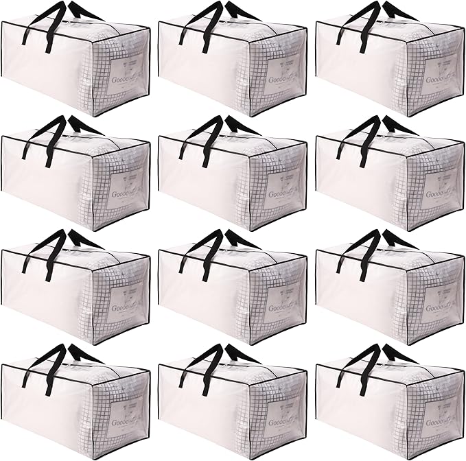 SWEET DOLPHIN 12 Pack Extra Large Moving Bags with Strong Zippers & Carrying Handles, Heavy Duty Storage Tote for Space Saving Moving Storage, Fold Flat, Alternative to Moving Box, Semi-Transparent