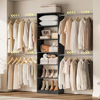 W1 Closet System, 3.5FT-7.7FT Closet Organizer System with 4 Chrome-Plated Telescopic Rods & 6 Adjustable Shelves, Custom Wood Walk-In Closet Wall-Mounted Clothing Rack, Black