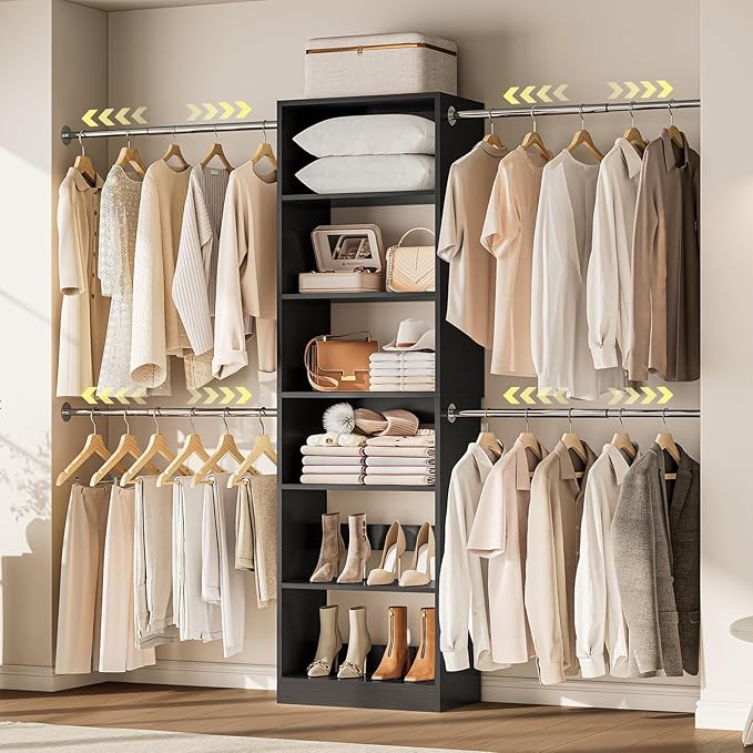W1 Closet System, 3.5FT-7.7FT Closet Organizer System with 4 Chrome-Plated Telescopic Rods & 6 Adjustable Shelves, Custom Wood Walk-In Closet Wall-Mounted Clothing Rack, Black
