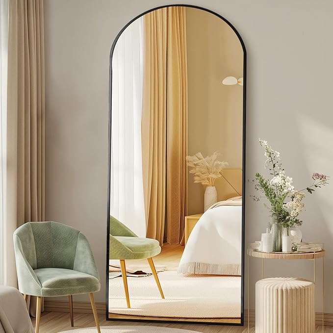 DUMOS 65"x24" Arched Full Length Mirror with Stand, Floor Standing Aluminum Frame, Shatter-Proof Nano Glass for Bedroom, Living Room, Cloakroom – Modern Simple Home Decor,Hanging or Leaning,Black