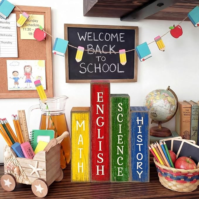 Lineshading 4 Pcs Back to School Table Decoration Wooden Subject Decoration Welcome Back to School Tiered Tray Decor Wood Book Sign Farmhouse for Class Party Home Shelf Coffee Table