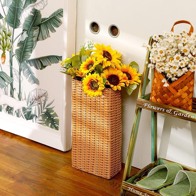 Weysat Woven Umbrella Stand for Entryway Handmade Umbrella Holder Freestanding Cane Stand Natural Color Decorative Umbrella Rack Tall Basket for Laundry Bathroom (Rectangular Style)
