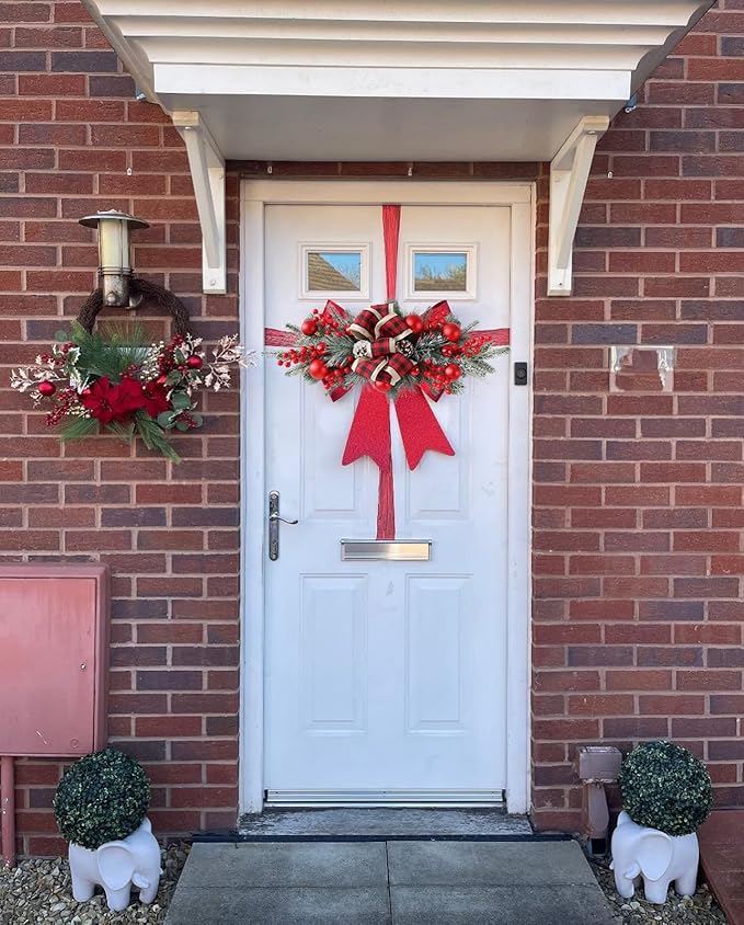 FACINOC 24" Artificial Christmas Swag for Front Door Decorative Xmas Swags with Red Berries Pine Cones Bow Festive Decorations for Mantle Wall Indoor Outdoor Holiday Home Decor (Red 1 PCS)