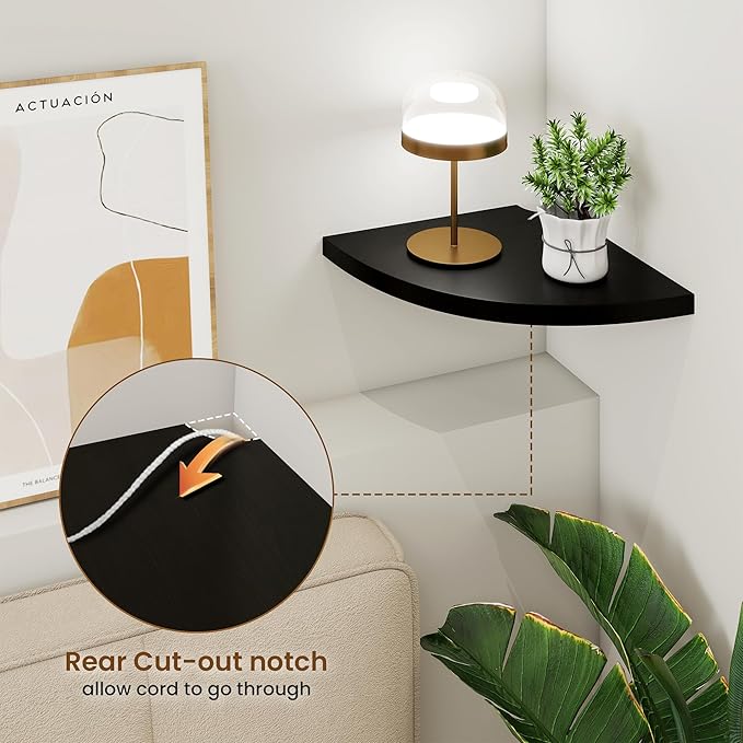 Fun Memories Corner Shelf Wall Mount, Solid Oak Wood Floating Corner Shelves with Cable Hole, 10in Rustic Design for Bedroom, Bathroom, Kitchen, Living Room (Black, 1 Pack)