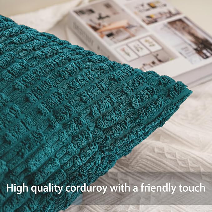 Aegero Pack of 2 Corduroy Decorative Throw Pillow Covers 18x18 Inch Soft Striped Pillow Covers Modern Farmhouse Home Decor for Sofa Living Room Couch Bed（Turquoise）